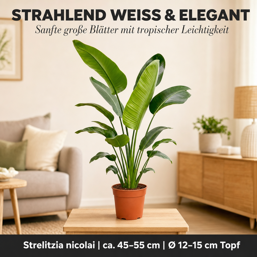 Weiße Paradiesvogelblume + 3x Cremefarbener Zinktopf | 3er-Set | Strelitzia Nicolai | ca. 45-55 cm | Ø 12-15 cm Topf
