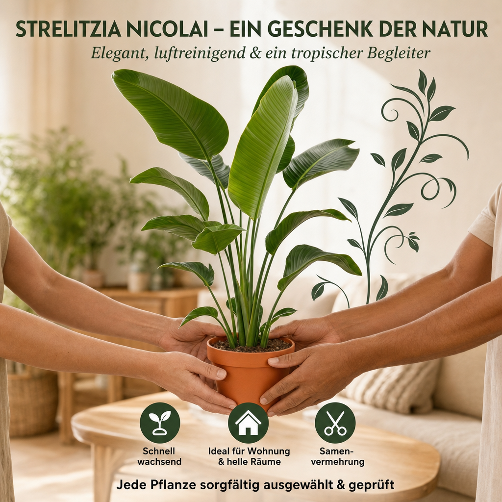Weiße Paradiesvogelblume + 2x Cremefarbener Zinktopf | 2er-Set | Strelitzia Nicolai | ca. 45-55 cm | Ø 12-15 cm Topf