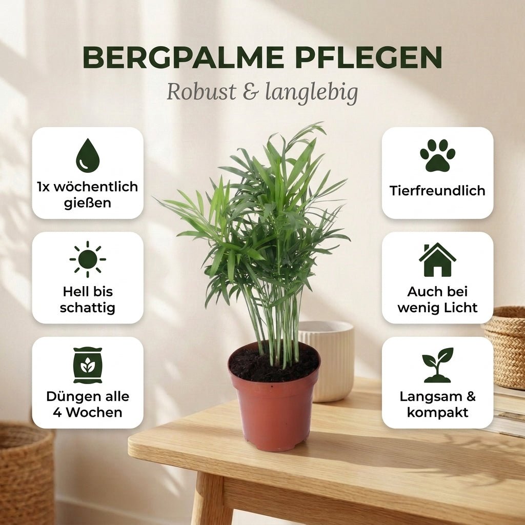 Bergpalme + 1x Seegraskorb | Chamaedorea elegans | ca. 40-45 cm | Ø 12-15 cm Topf - Blume Ideal