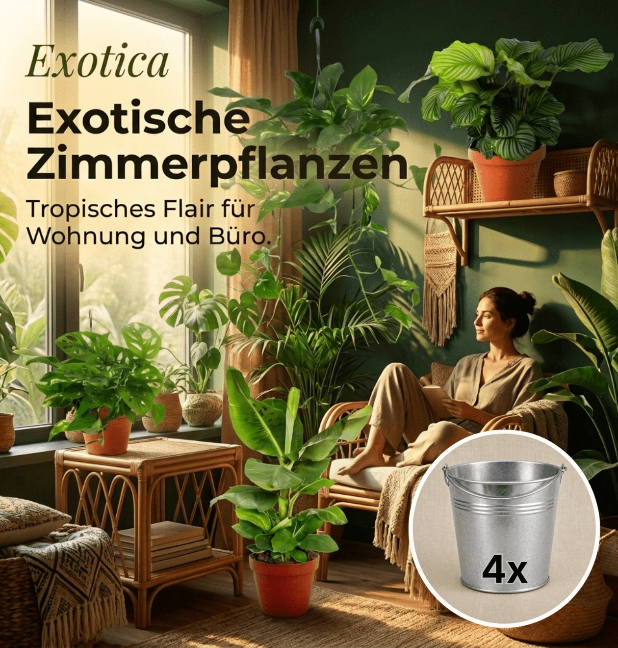 “Exotica” Pflanzenset + Zinktopf | 4er - Set | ca. 25 - 50 cm | Ø 12 - 15 cm Topf - Blume Ideal