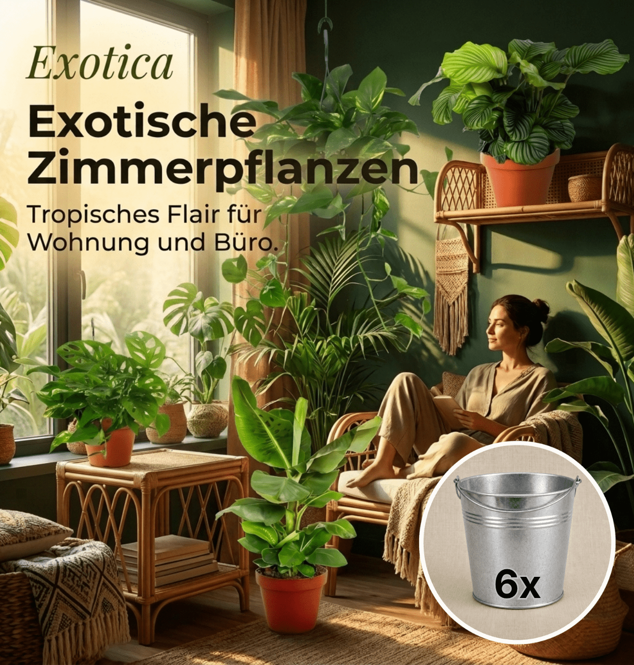 “Exotica” Pflanzenset + Zinktopf | 6er - Set | ca. 25 - 50 cm | Ø 12 - 15 cm Topf - Blume Ideal