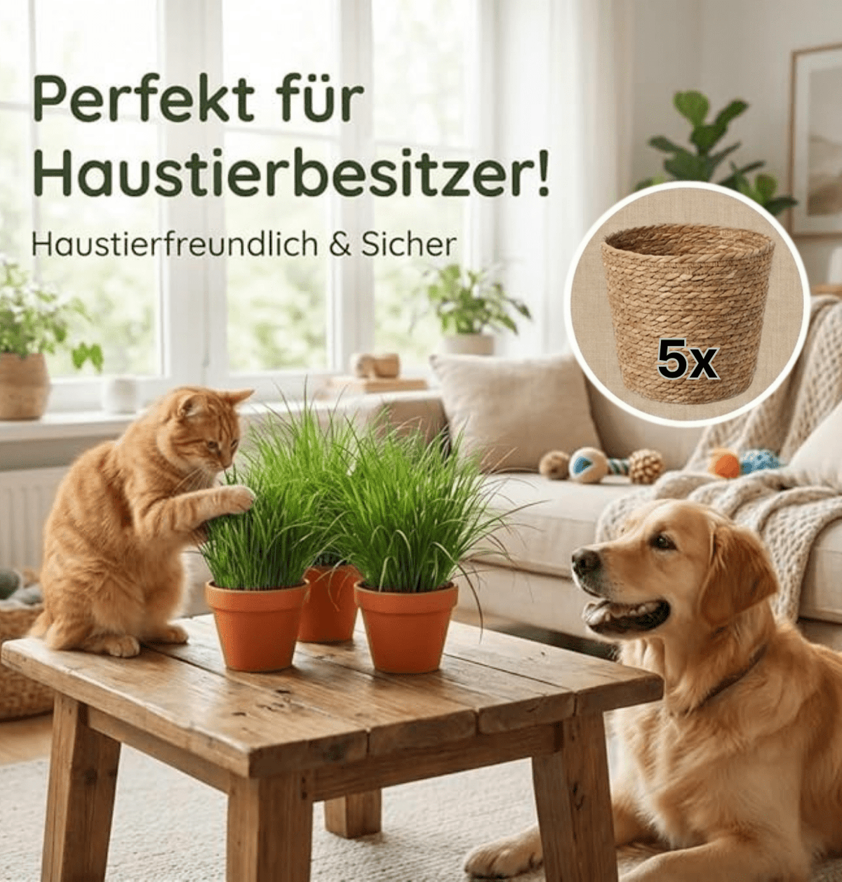 Katzengras + 5x Seegraskorb | 5er-Set | Cyperus zumula | ca. 20-30 cm | Ø 12-15 cm Topf - Blume Ideal