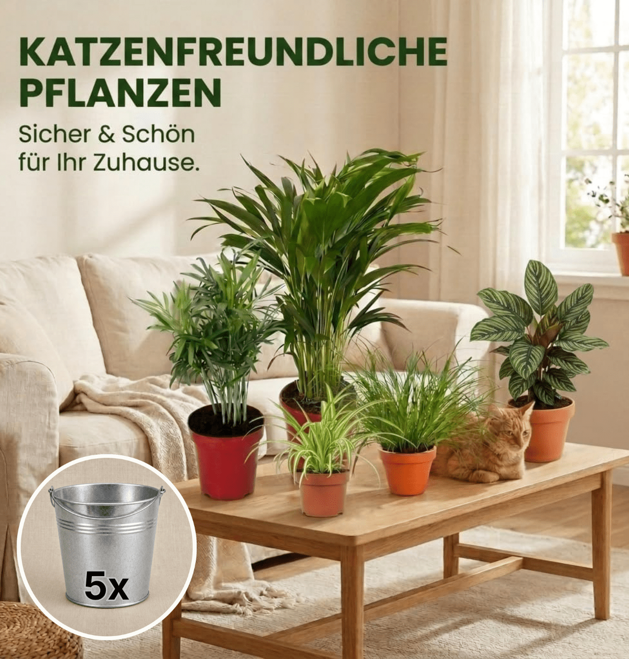 “Katzenliebhaber” Pflanzenset + Zinktopf | 5er - Set | ca. 30 - 45 cm | Ø 12 - 15 cm Topf - Blume Ideal