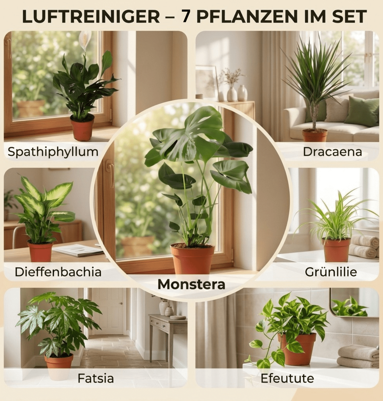 “Luftreiniger” Pflanzen - Set + Zinktopf | 7er - Set | ca. 30 - 70 cm | Ø 12 - 15 cm Topf - Blume Ideal