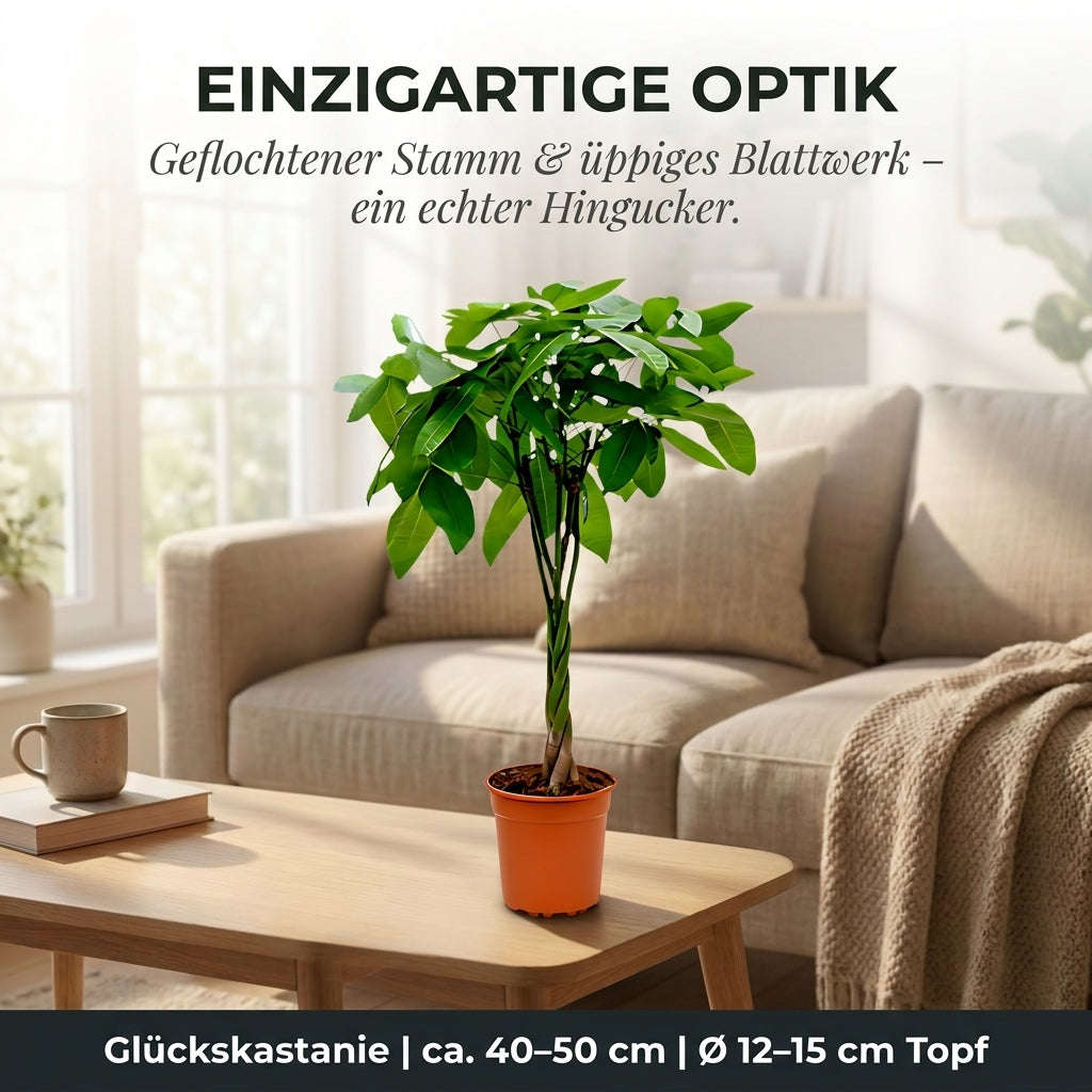 Glückskastanie + 2x Cremefarbener Zinktopf | 2er-Set | Pachira | ca. 40-50 cm | Ø 12-15 cm Topf
