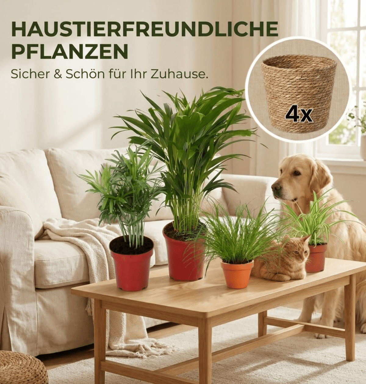 “Katzenliebhaber” Pflanzenset + 4x Seegraskorb | 4er-Set | ca. 30-45 cm | Ø 12-15 cm Topf - Blume Ideal
