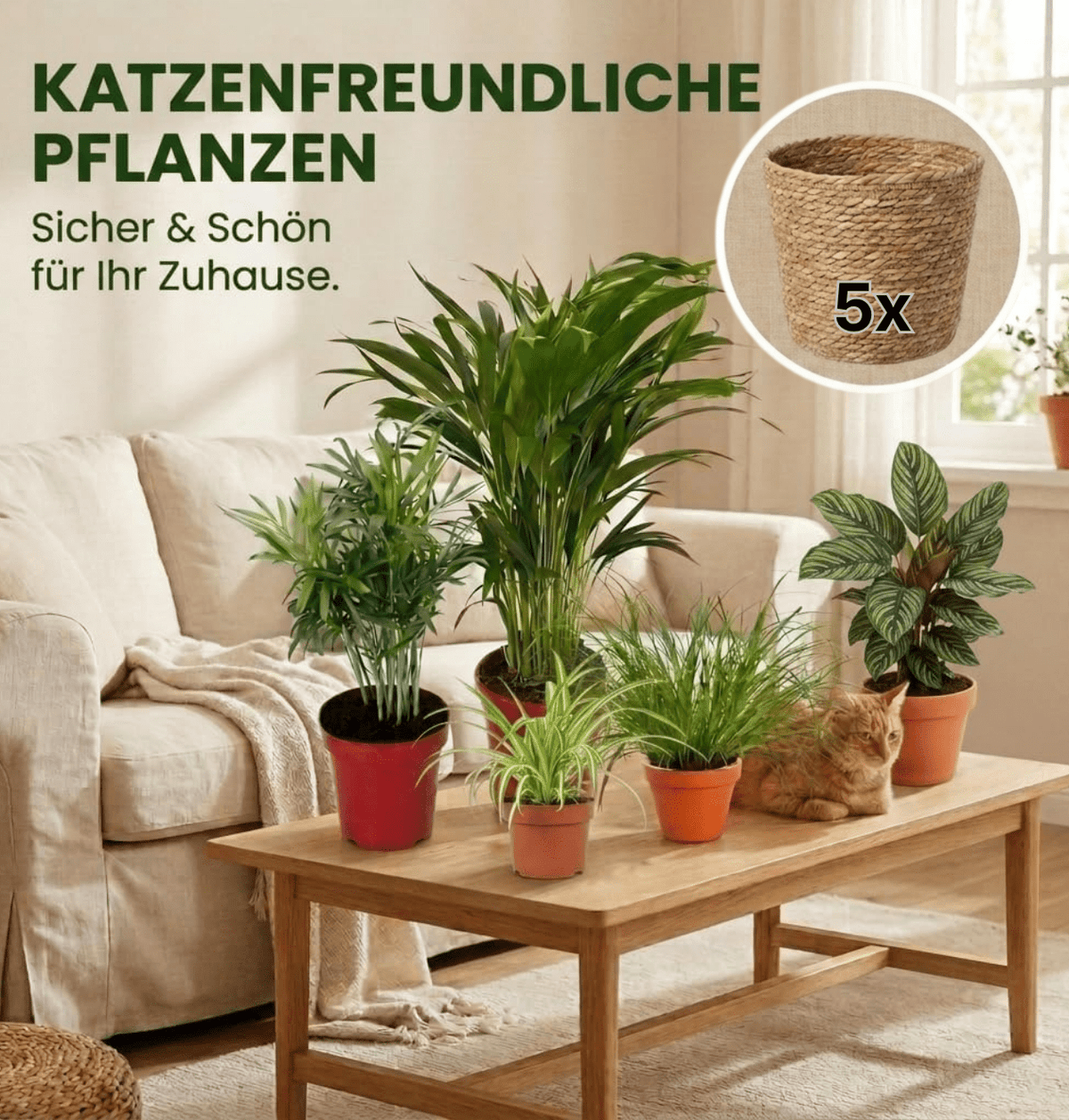 “Katzenliebhaber” Pflanzenset + 5x Seegraskorb | 5er-Set | ca. 30-45 cm | Ø 12-15 cm Topf - Blume Ideal