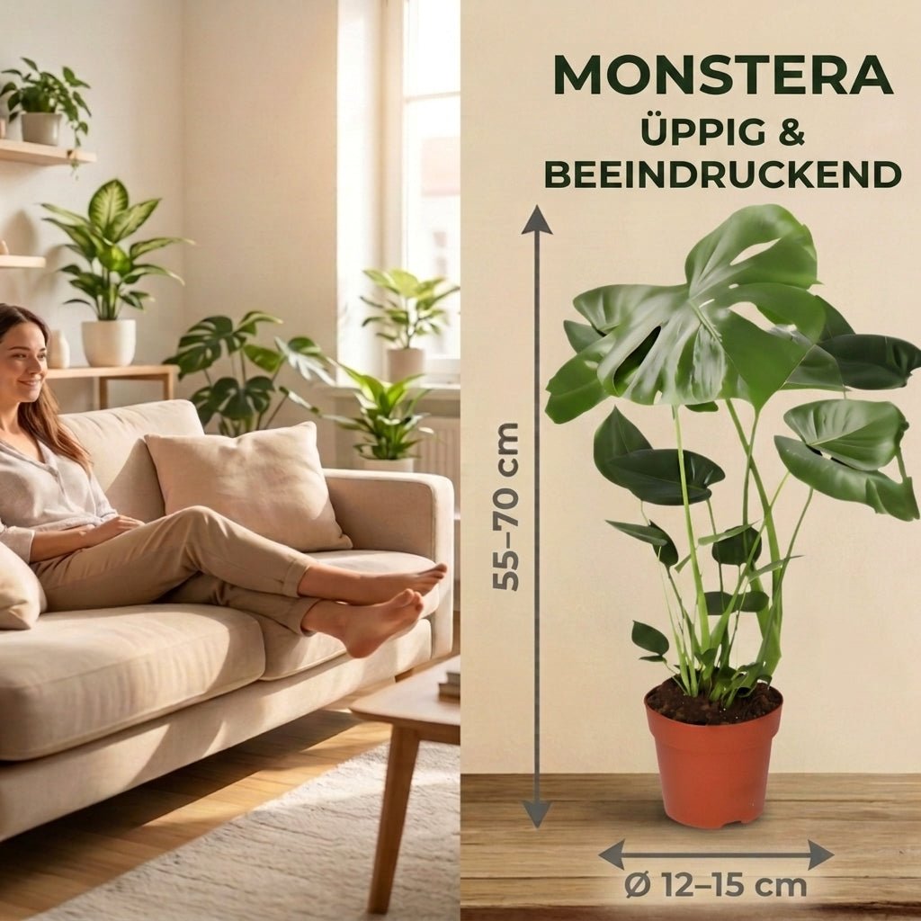 Monstera deliciosa + 2x Seegraskorb | 2er-Set | Fensterblatt | ca. 55-70 cm | Ø 12-15 cm Topf - Blume Ideal