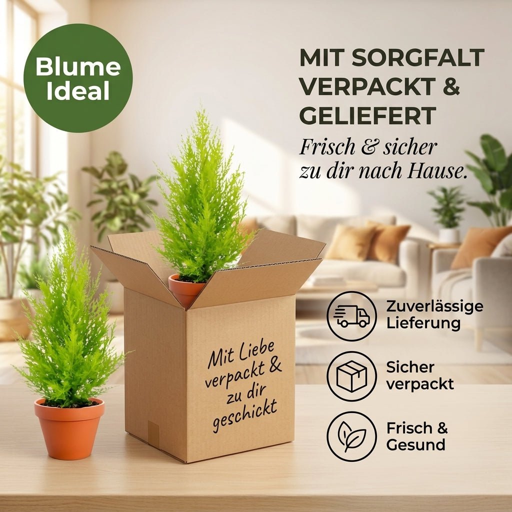 Zimmerzypresse + 3x Seegraskorb | 3er-Set | Goldcrest | ca. 40-50 cm | Ø 12-15 cm Topf - Blume Ideal