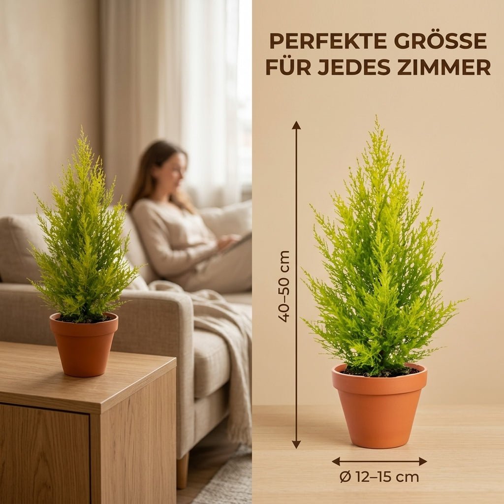 Zimmerzypresse + 3x Seegraskorb | 3er-Set | Goldcrest | ca. 40-50 cm | Ø 12-15 cm Topf - Blume Ideal