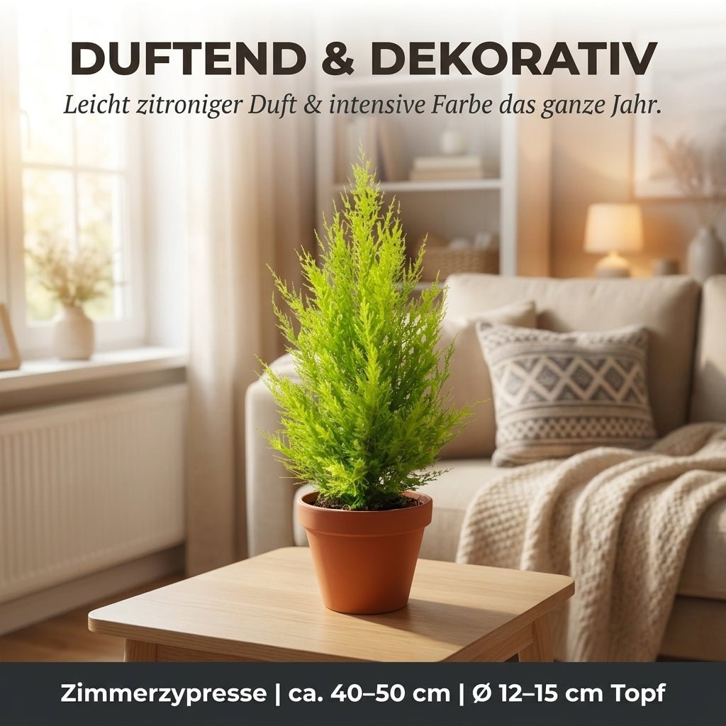 Zimmerzypresse + 3x Seegraskorb | 3er-Set | Goldcrest | ca. 40-50 cm | Ø 12-15 cm Topf - Blume Ideal